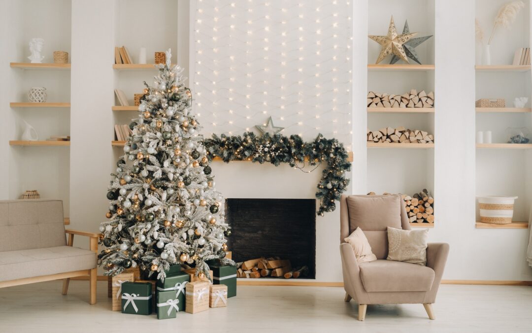 Christmas tree in the home Christmas interior.Decorated Christmas photo zone